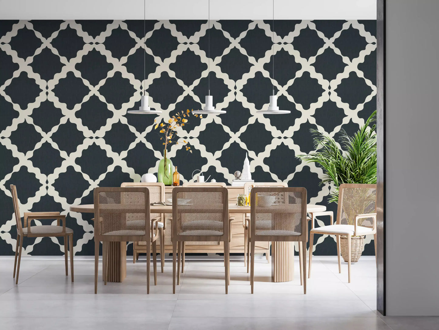 Minimalist charcoal and cream trellis repeat pattern wallpaper in dining area.