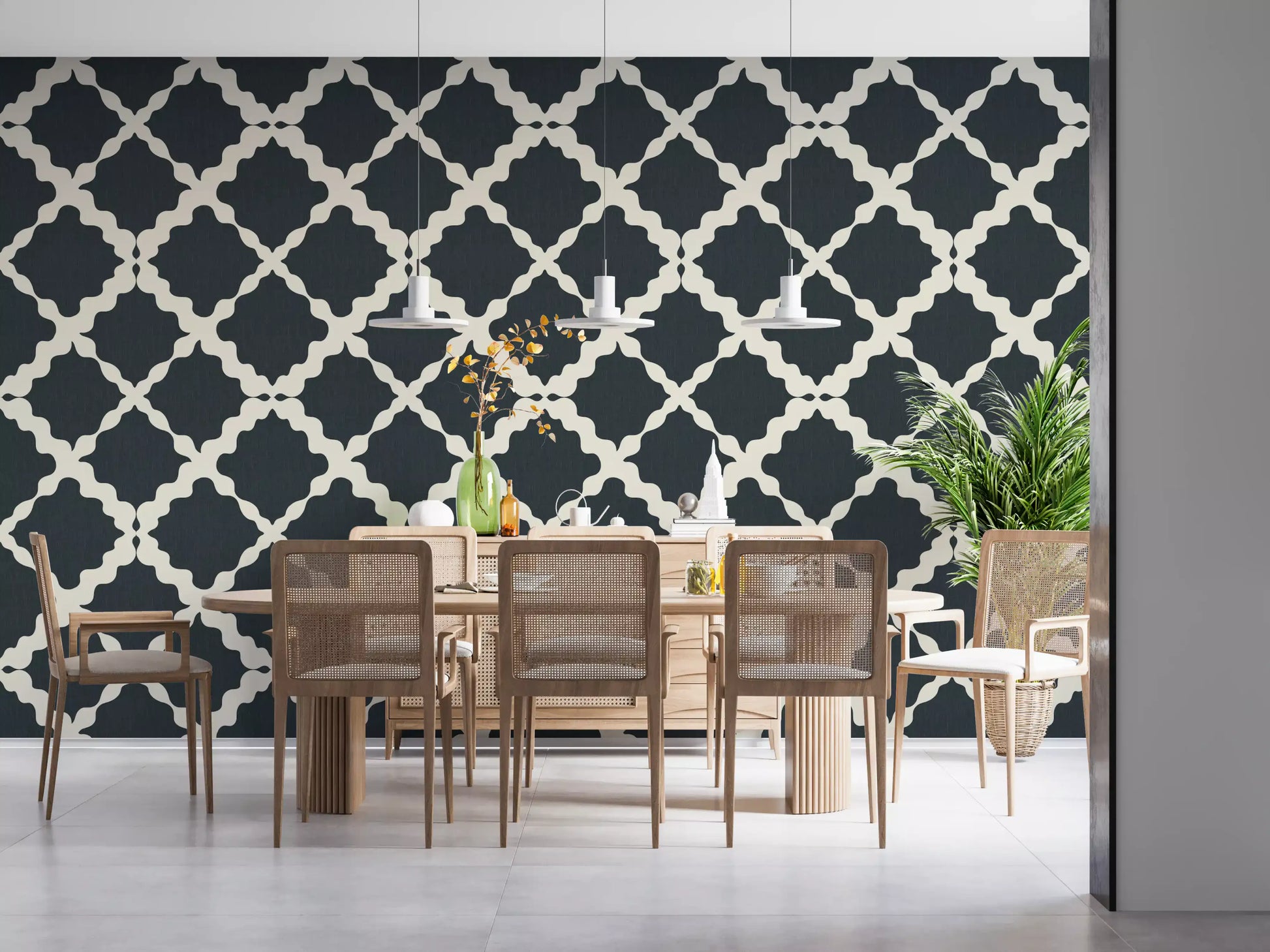 Minimalist charcoal and cream trellis repeat pattern wallpaper in dining area.