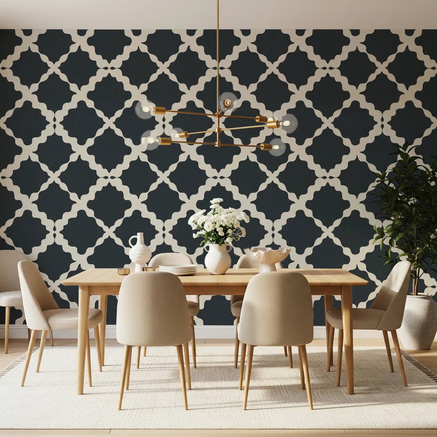 High-contrast geometric trellis lattice wallpaper in charcoal tone.