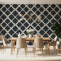 High-contrast geometric trellis lattice wallpaper in charcoal tone.