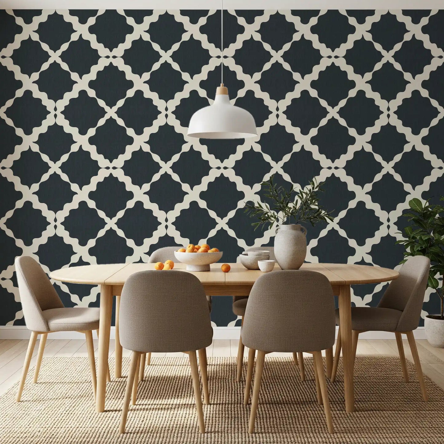 Dining room feature wall with charcoal cream geometric trellis wallpaper. 