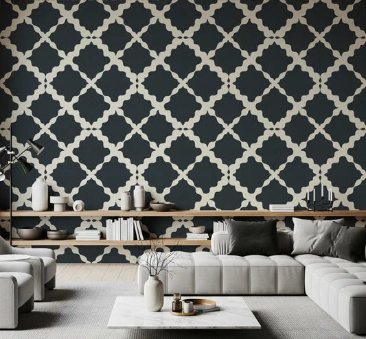 Living room accent wall with charcoal trellis lattice geometric wallpaper.
