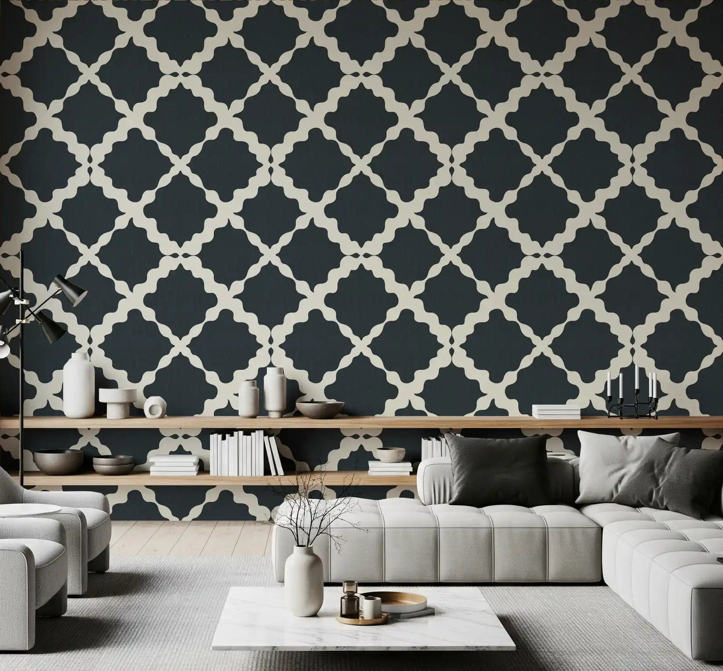Living room accent wall with charcoal trellis lattice geometric wallpaper.