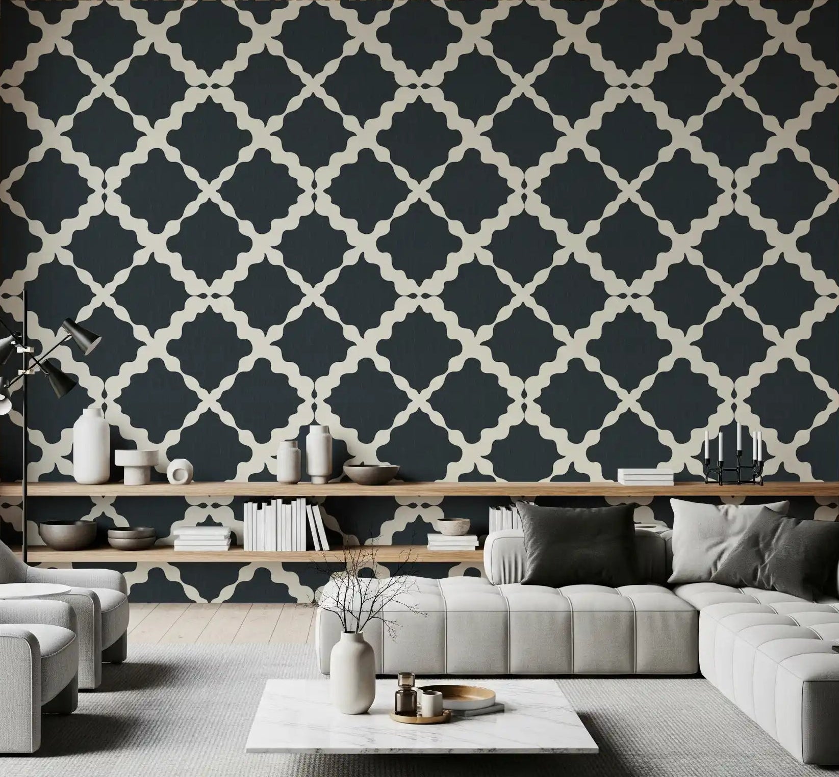 Living room accent wall with charcoal trellis lattice geometric wallpaper.