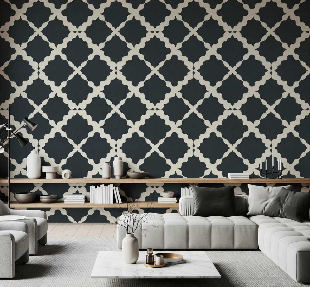 Living room accent wall with charcoal trellis lattice geometric wallpaper., GD9782