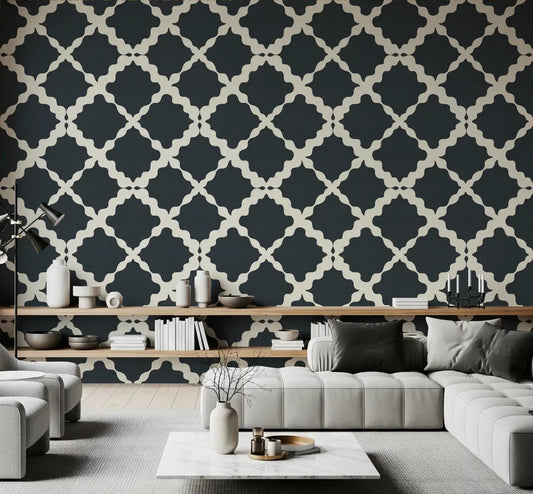 Living room accent wall with charcoal trellis lattice geometric wallpaper.