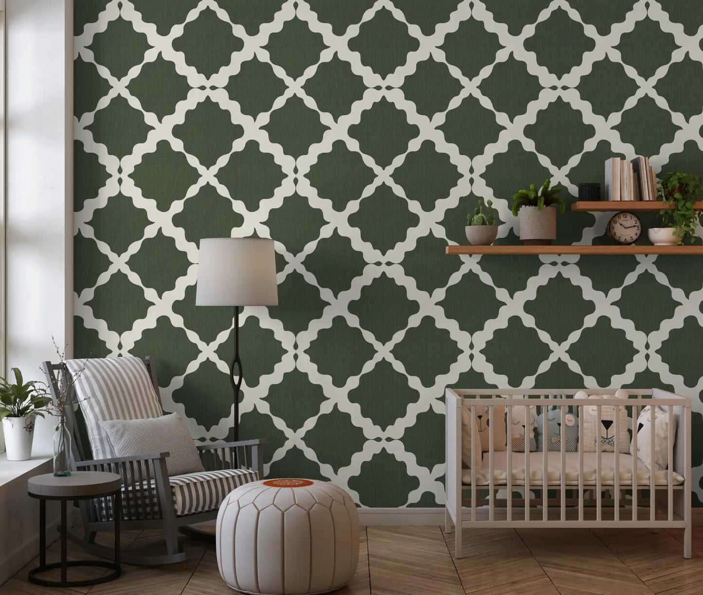 Bold trellis wallpaper in deep moss green and cream with interlocking flowing geometric curves.