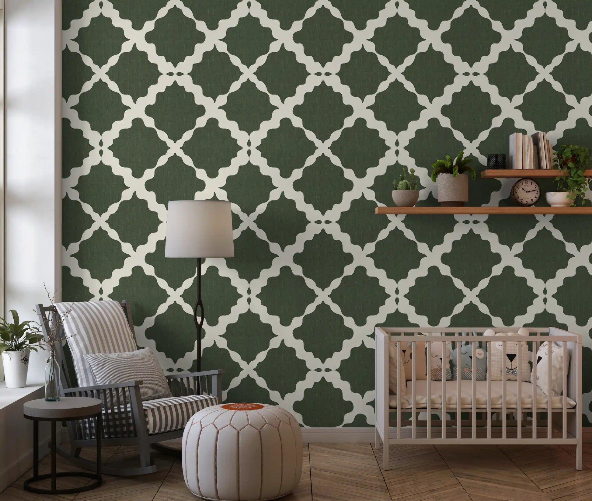 Bold trellis wallpaper in deep moss green and cream with interlocking flowing geometric curves.