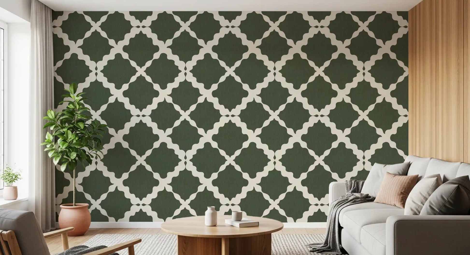 Geometric trellis wallpaper in moss green and cream featured in an living room.