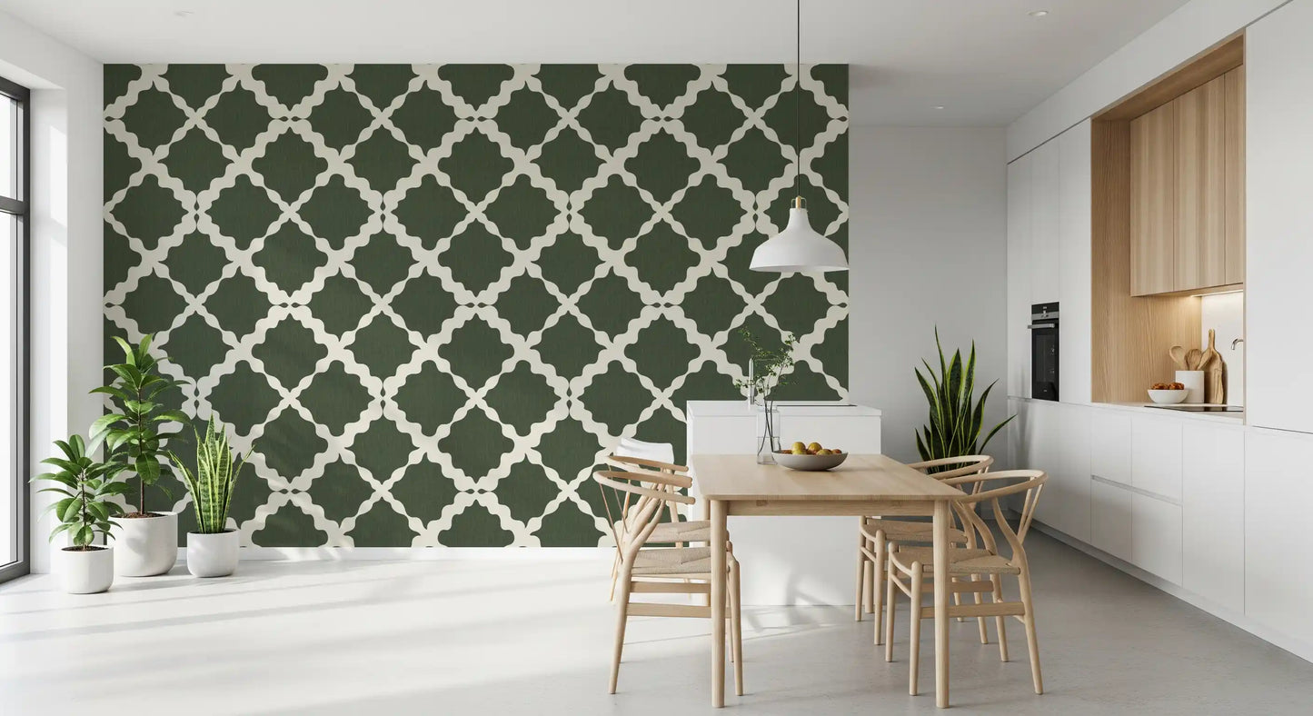 Bold trellis geometric wallpaper in deep green applied to a dining room wall
