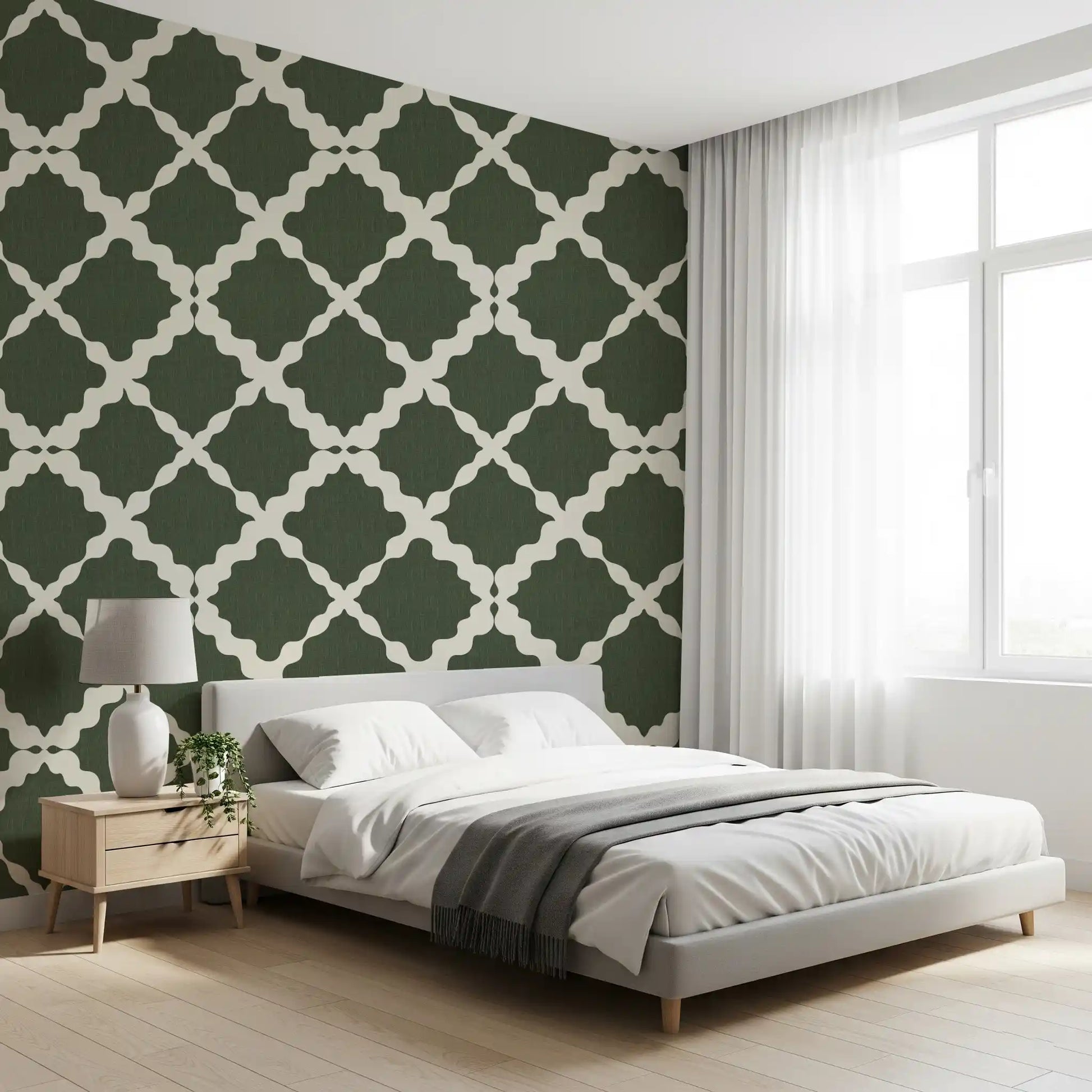 Geometric trellis lattice pattern wallpaper in moss green with cream-colored curved outlines.