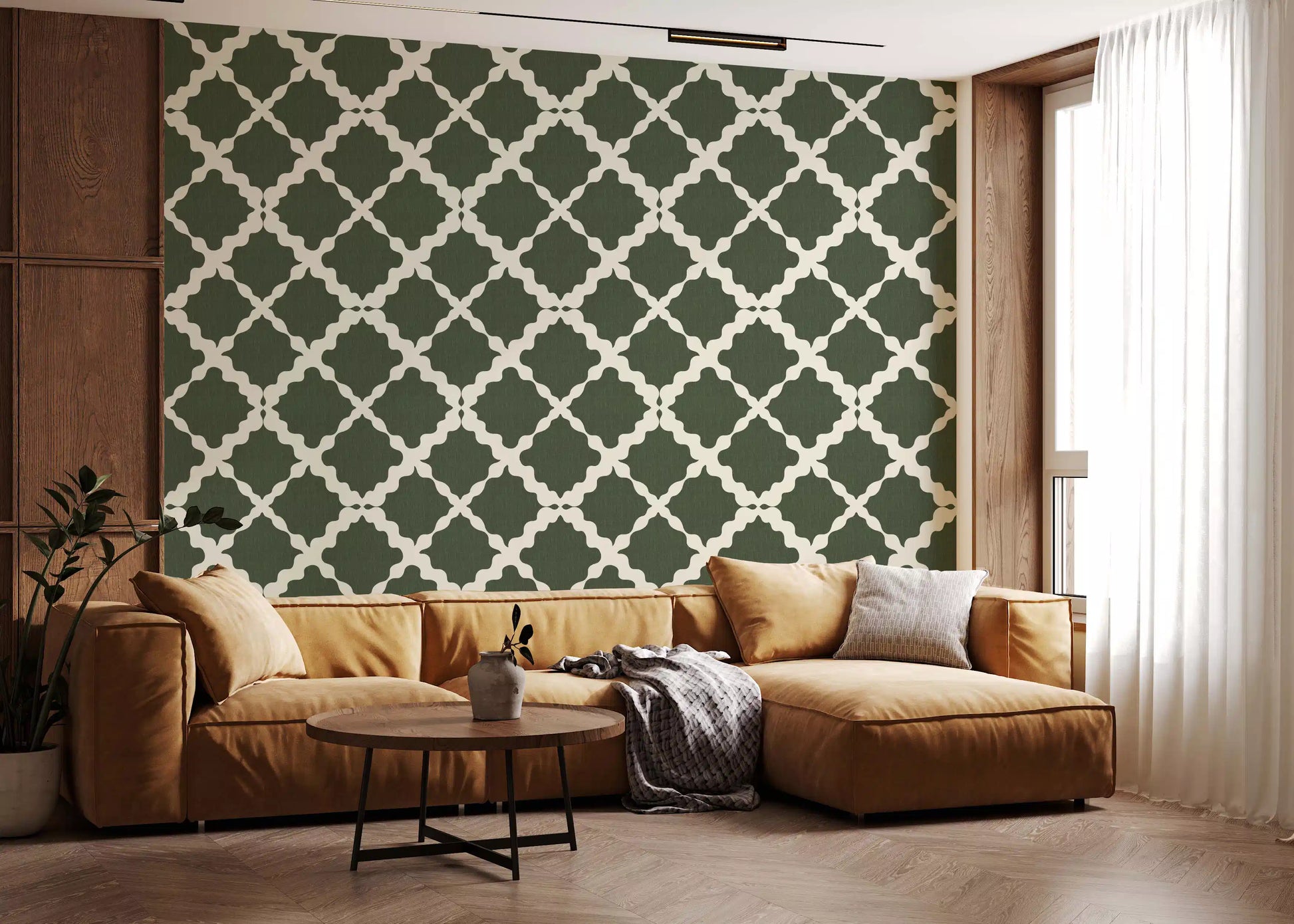 Moss green lattice trellis wallpaper with large flowing geometric shapes and cream outlines.