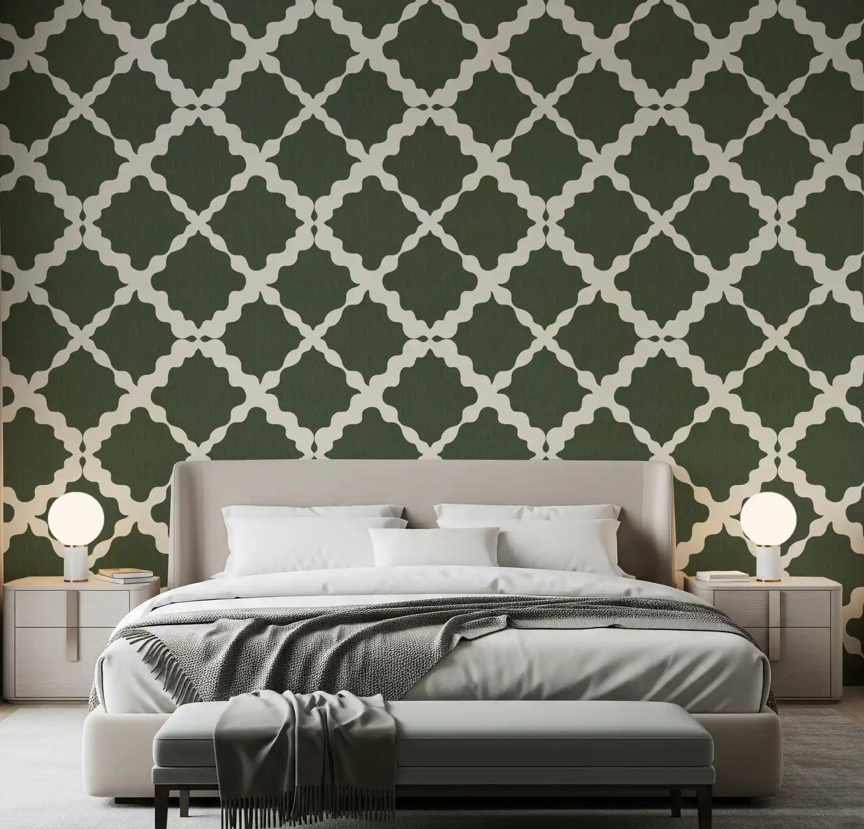 Moss green lattice trellis wallpaper on an accent wall in a bedroom setting., GD9783
