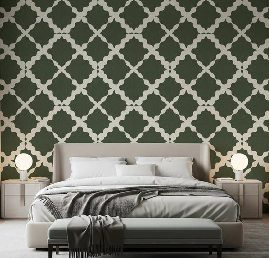 Moss green lattice trellis wallpaper on an accent wall in a bedroom setting., GD9783