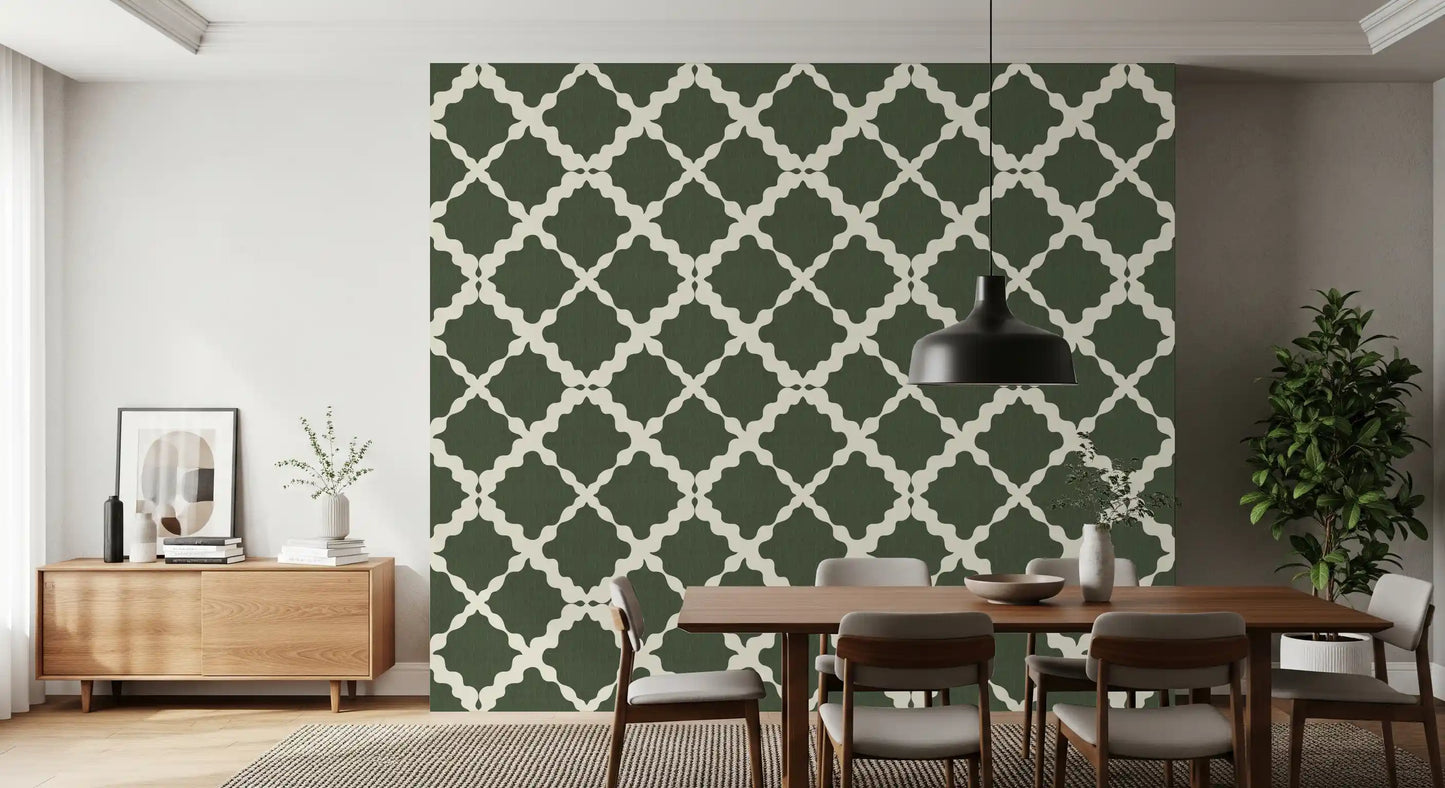 Deep green and off-white geometric lattice repeat wallpaper with curved trellis motifs.