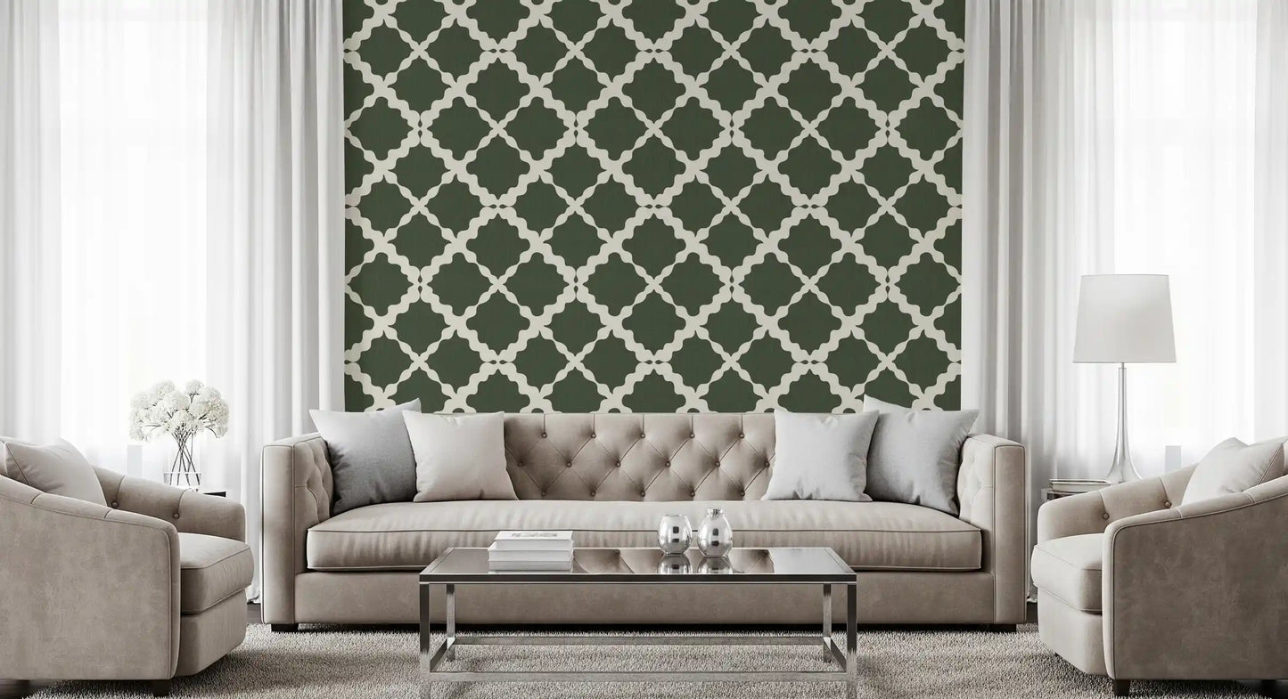 Cream and moss green geometric lattice wallpaper in a hallway.