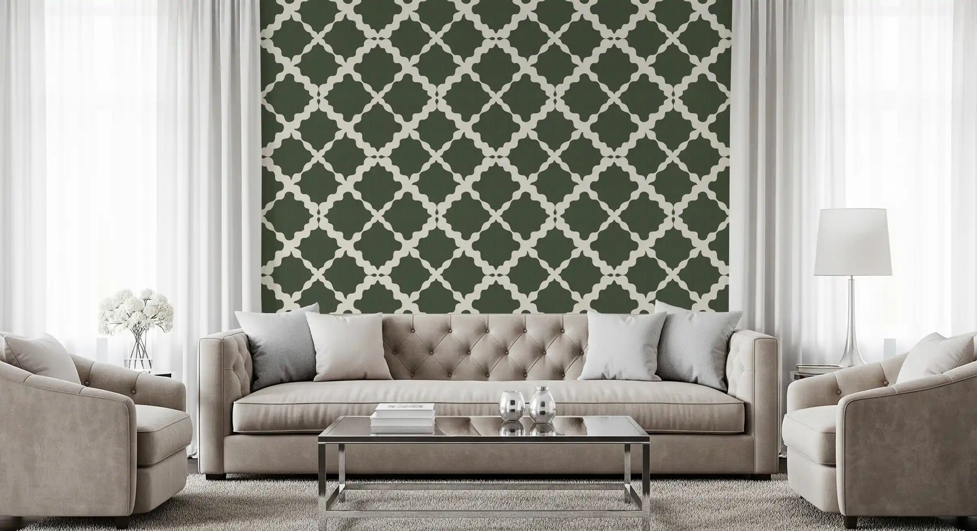 Cream and moss green geometric lattice wallpaper in a hallway.