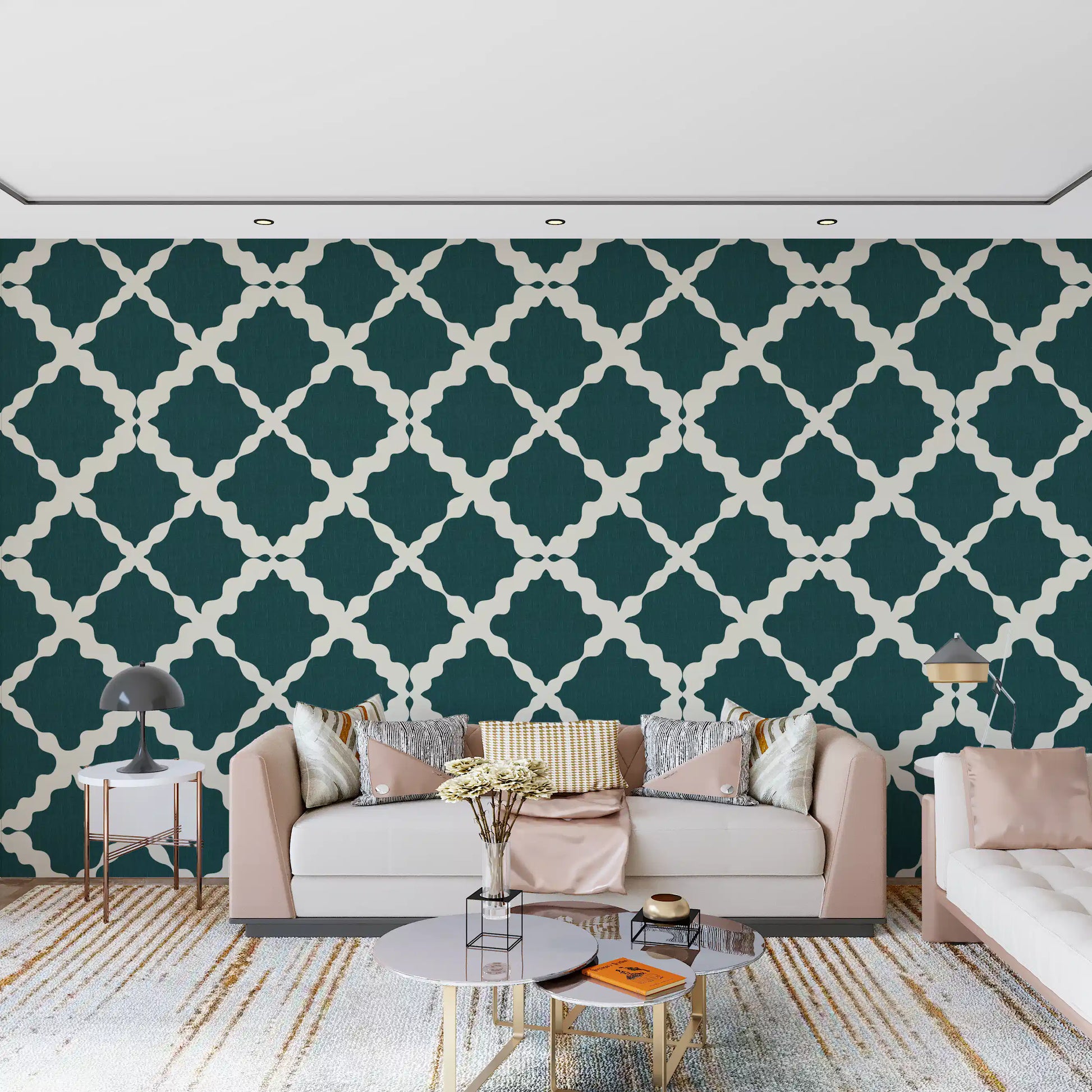 Deep teal geometric lattice trellis wallpaper with large-scale cream ogee pattern.