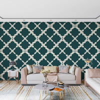 Deep teal geometric lattice trellis wallpaper with large-scale cream ogee pattern.