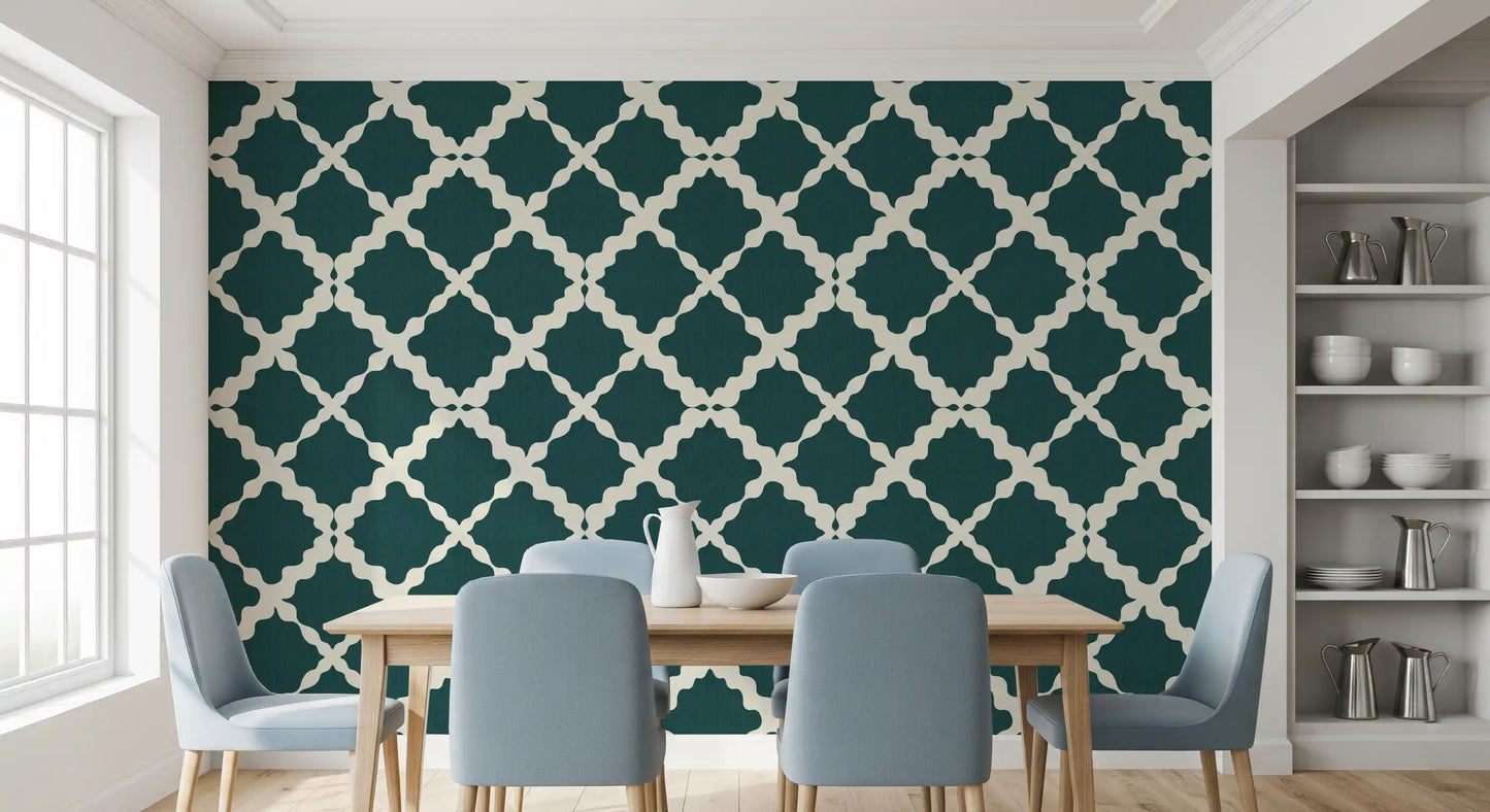 Deep teal and cream lattice trellis wallpaper with Moroccan geometric motif. 