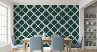 Deep teal and cream lattice trellis wallpaper with Moroccan geometric motif. 