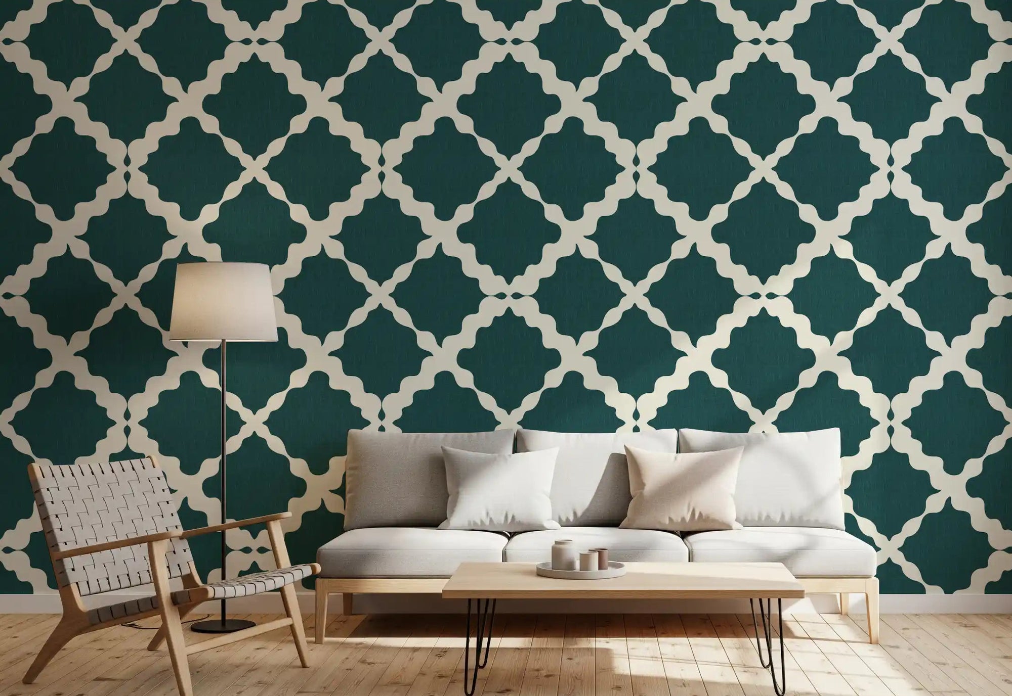 Living room accent wall with deep teal geometric lattice trellis wallpaper., GD9784