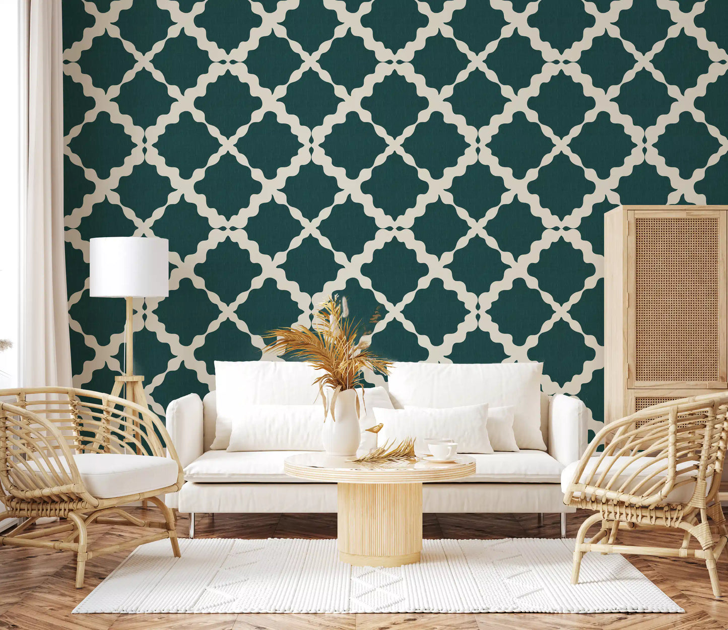 Deep teal wallpaper with structured cream trellis grid and linen texture.