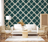 Deep teal wallpaper with structured cream trellis grid and linen texture.
