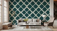 Cream ogee lattice repeat on deep teal geometric wallpaper in living room.