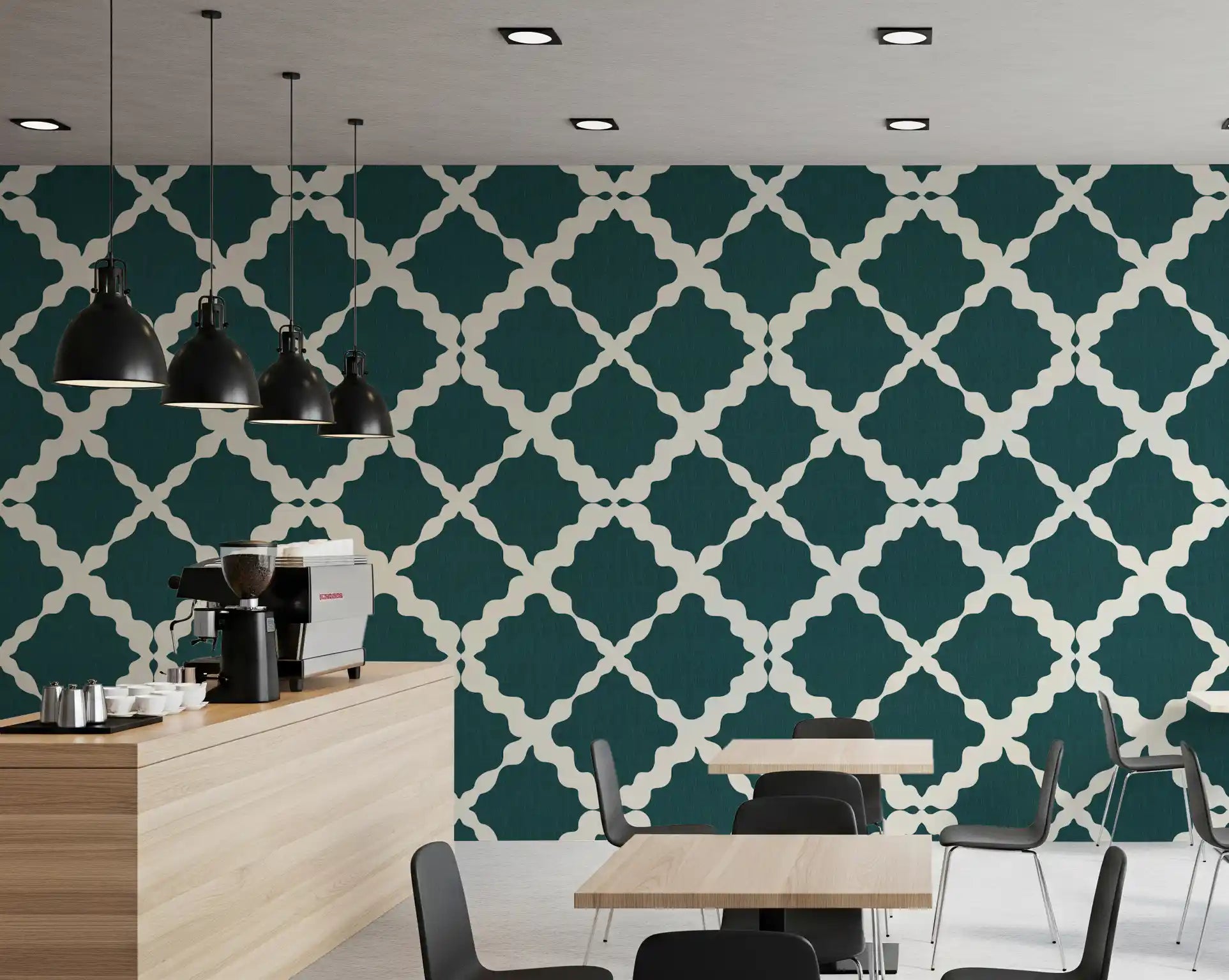 Teal and cream Moroccan-inspired geometric trellis repeat wallpaper. 
