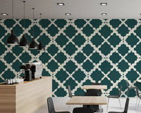 Teal and cream Moroccan-inspired geometric trellis repeat wallpaper. 