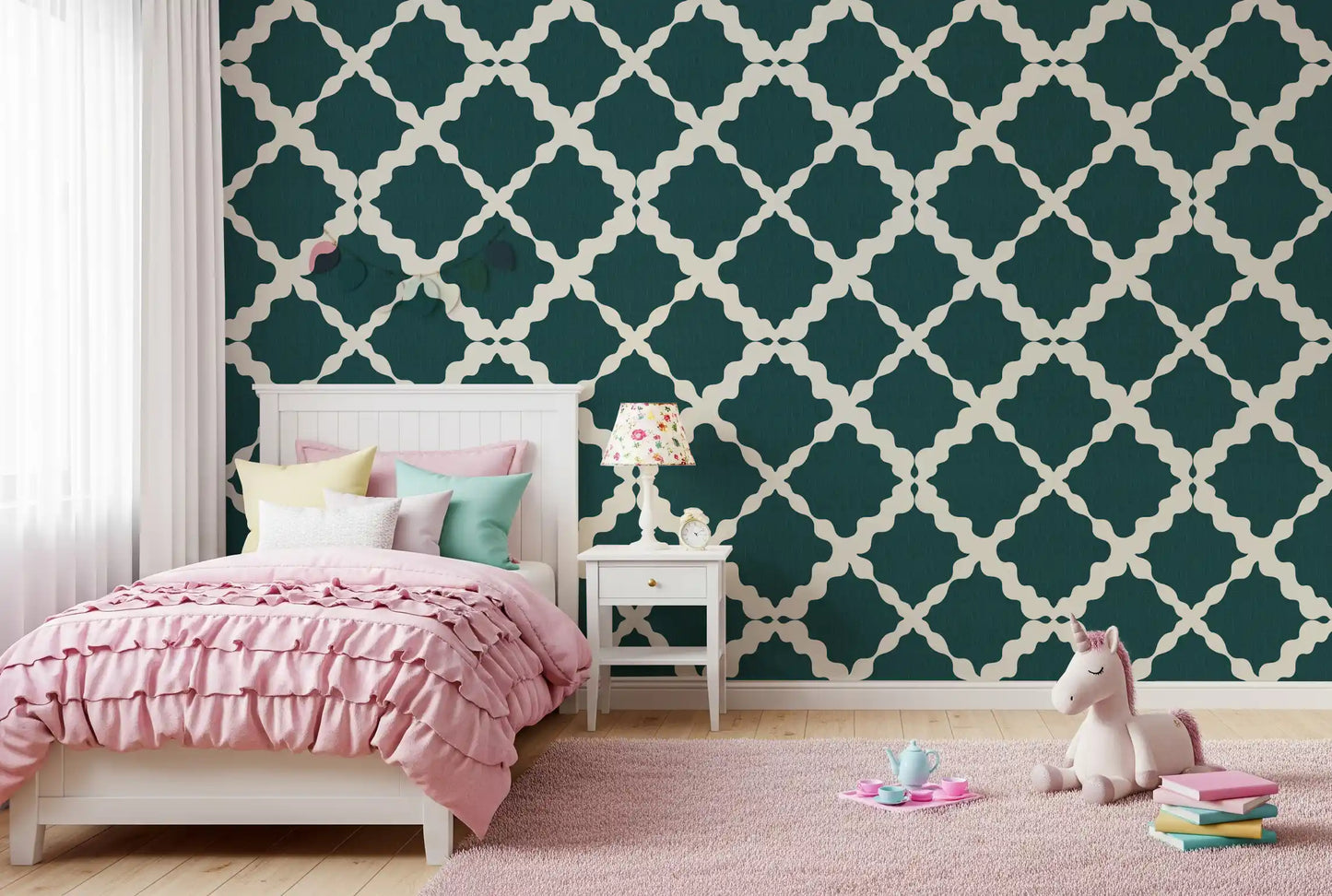 Bold cream trellis lattice pattern on deep teal linen-texture wallpaper for kids bedroom.
