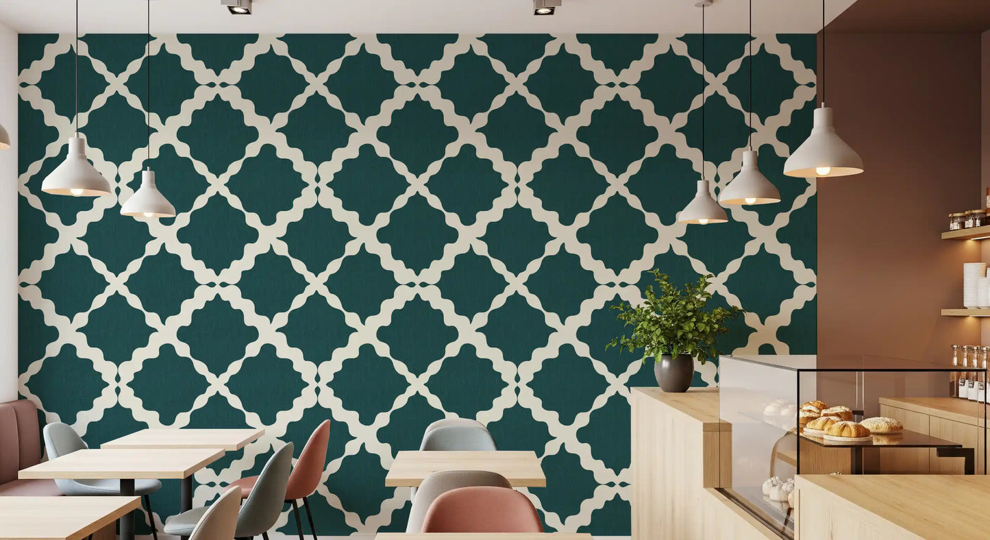 Large-scale cream lattice wallpaper on deep teal textured background for cafe.