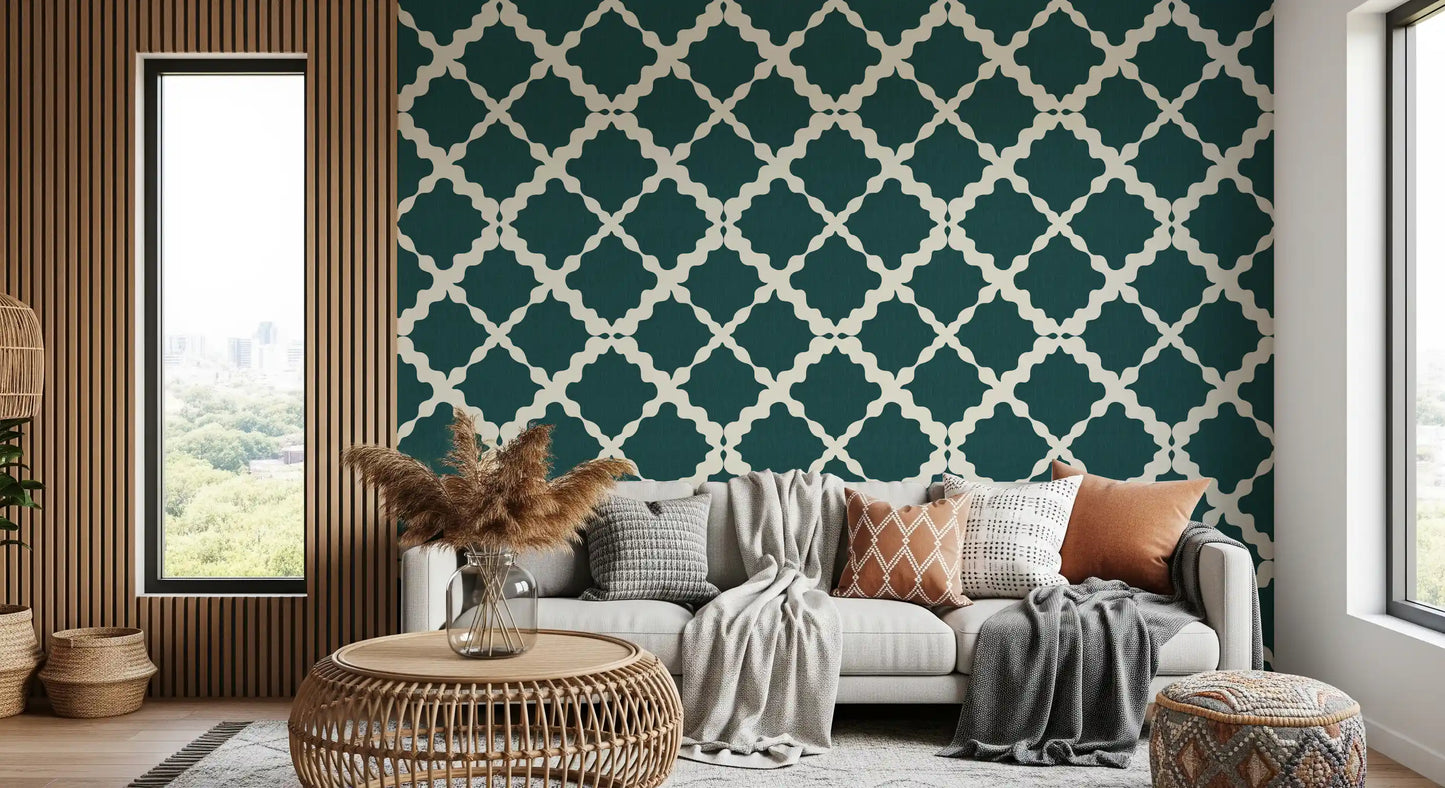 Oversized geometric trellis wallpaper in deep teal with cream lattice design.