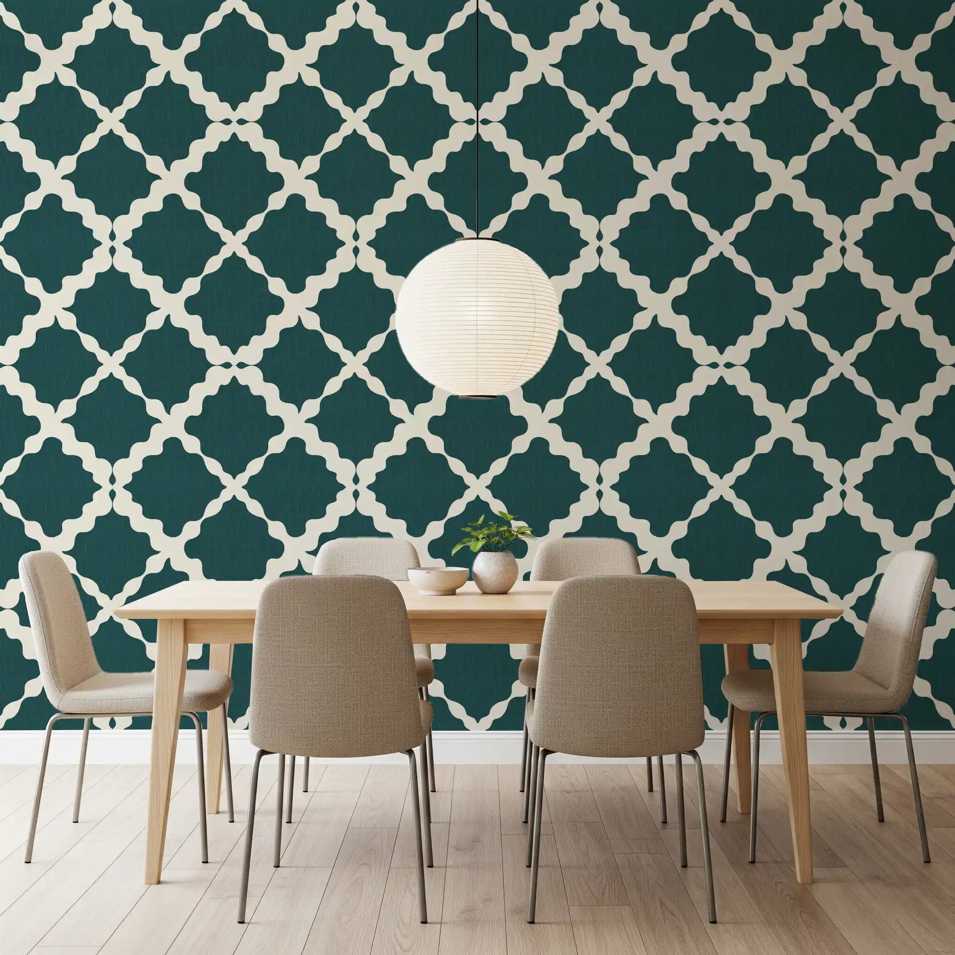 Dining room feature wall with cream and teal trellis geometric wallpaper.