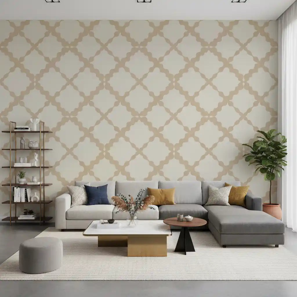 Minimalist beige trellis wallpaper in an living space with neutral palette.