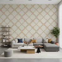 Minimalist beige trellis wallpaper in an living space with neutral palette.