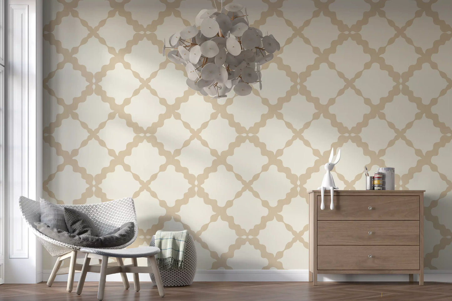 Beige trellis wallpaper on a hallway accent wall in neutral tones.