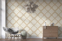 Beige trellis wallpaper on a hallway accent wall in neutral tones.