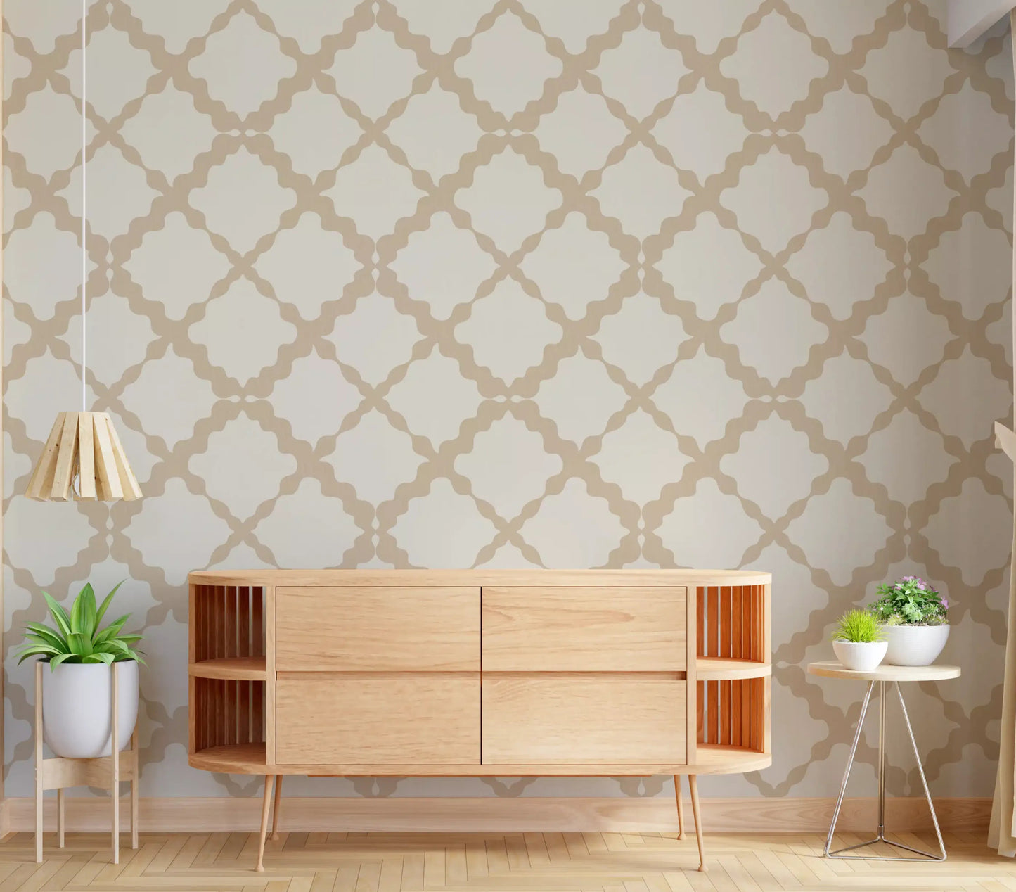 Large-scale lattice pattern wallpaper in a hallway with cream background.