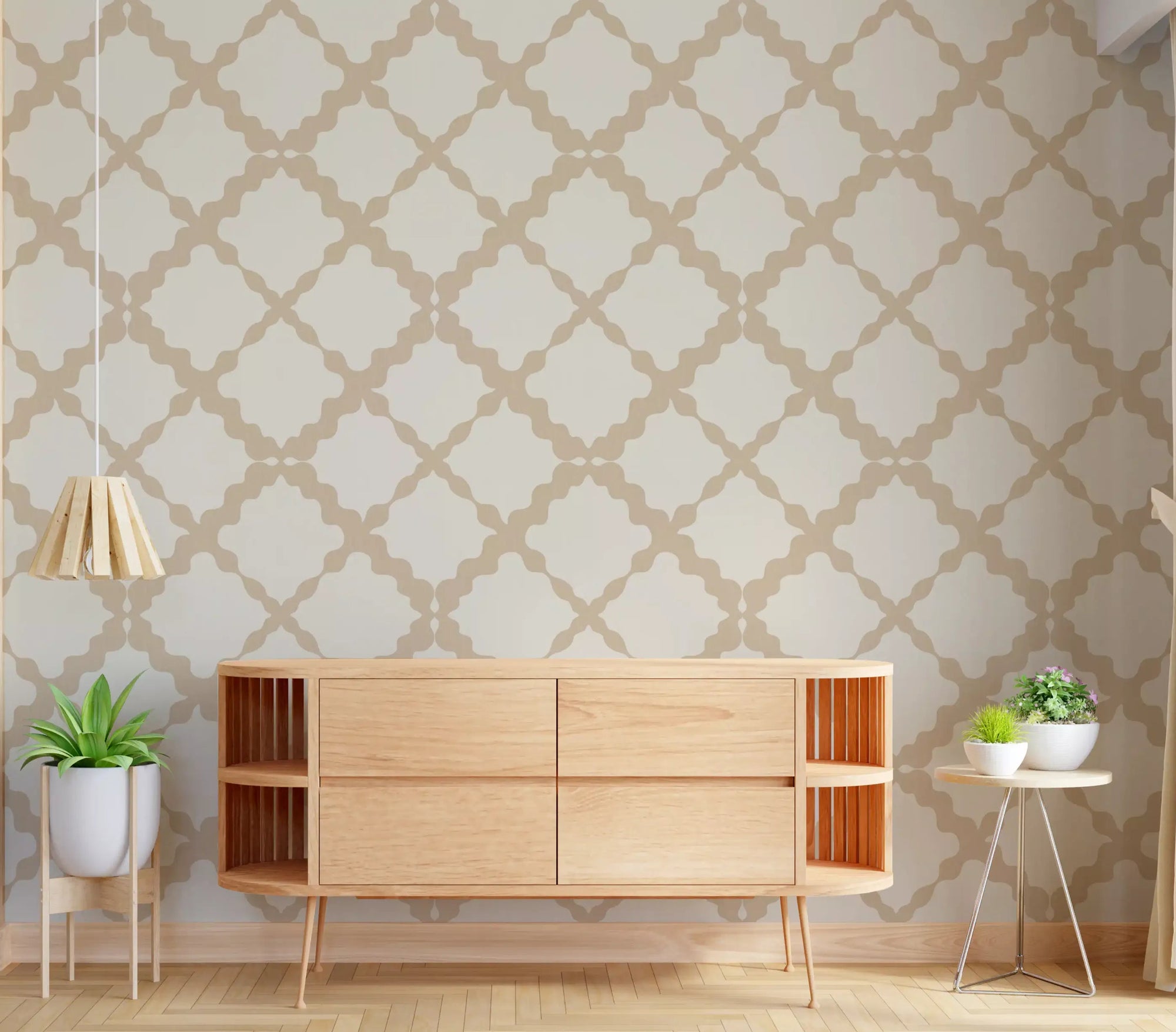 Large-scale lattice pattern wallpaper in a hallway with cream background., GD9785