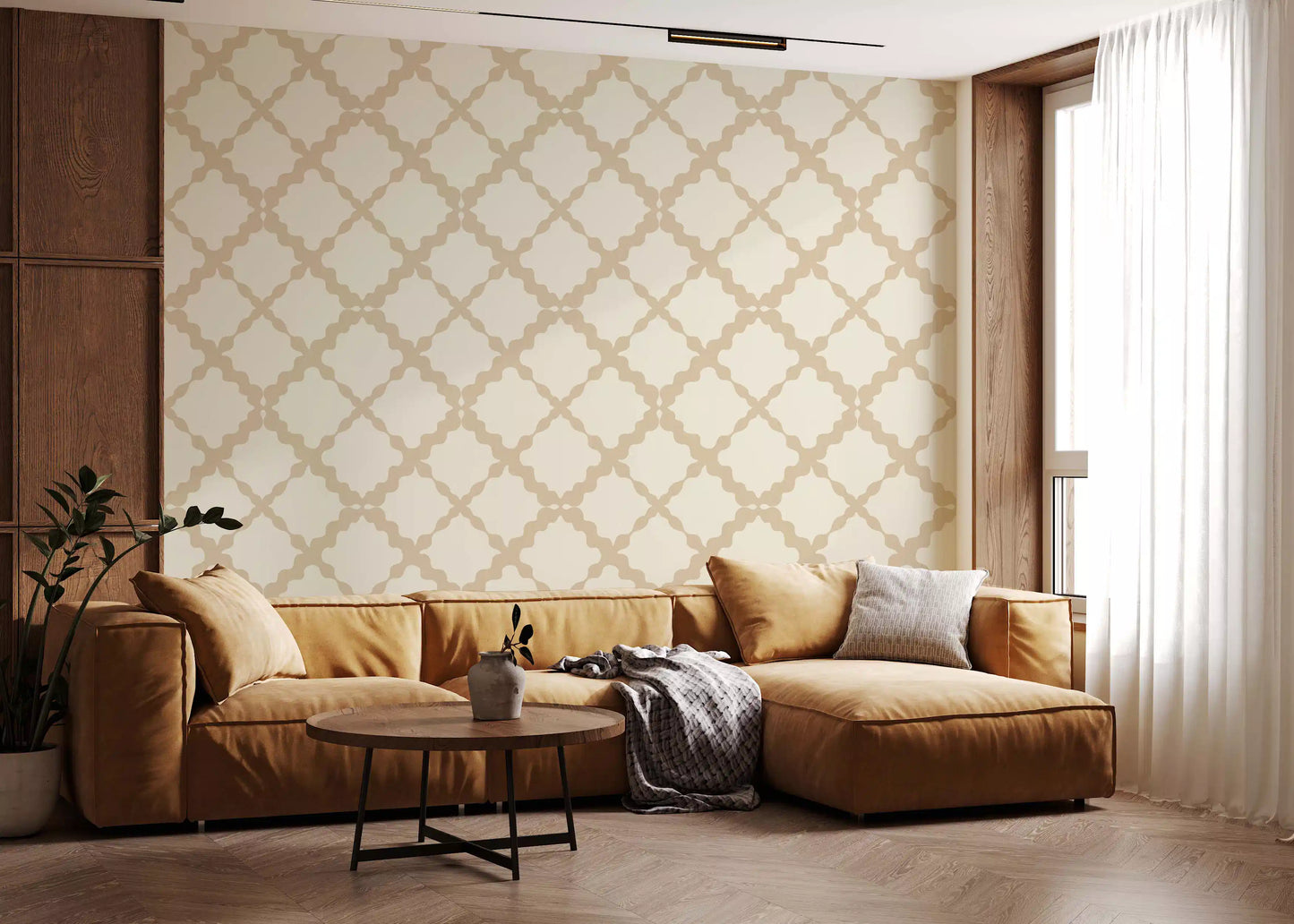 Geometric trellis wallpaper on a living room wall in cream and beige.