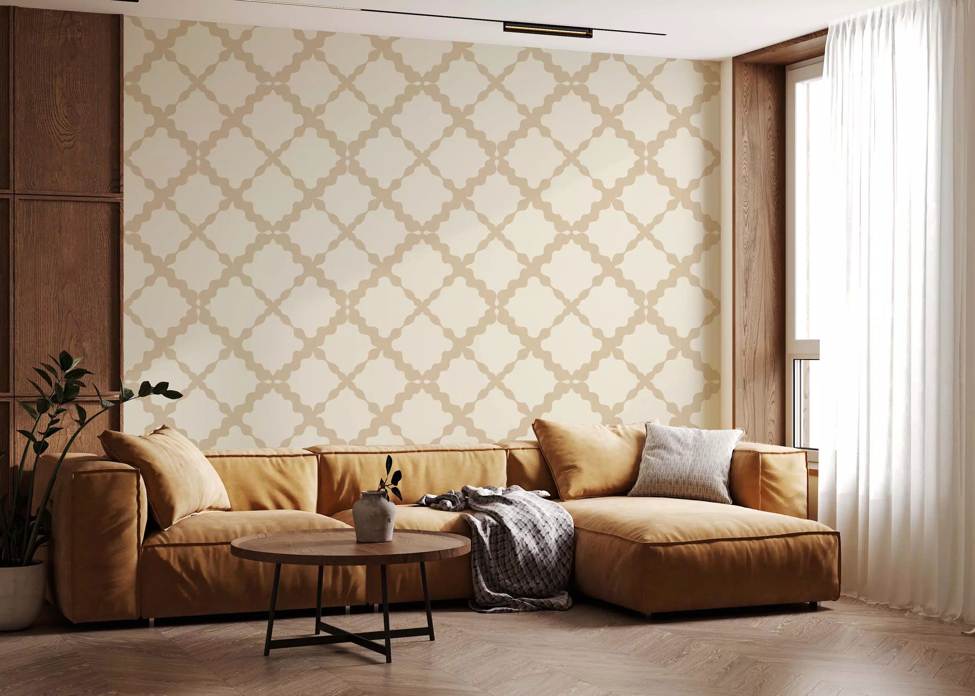Geometric trellis wallpaper on a living room wall in cream and beige.