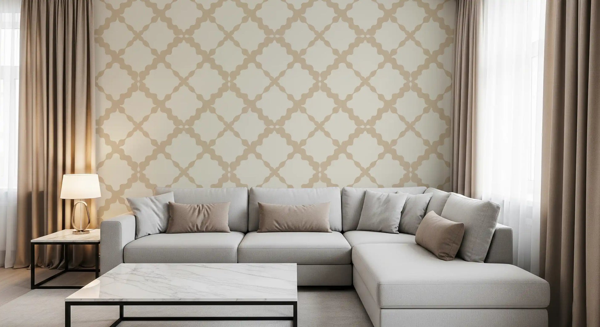 Cream beige geometric trellis wallpaper with large-scale lattice pattern in living room.