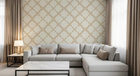 Cream beige geometric trellis wallpaper with large-scale lattice pattern in living room.