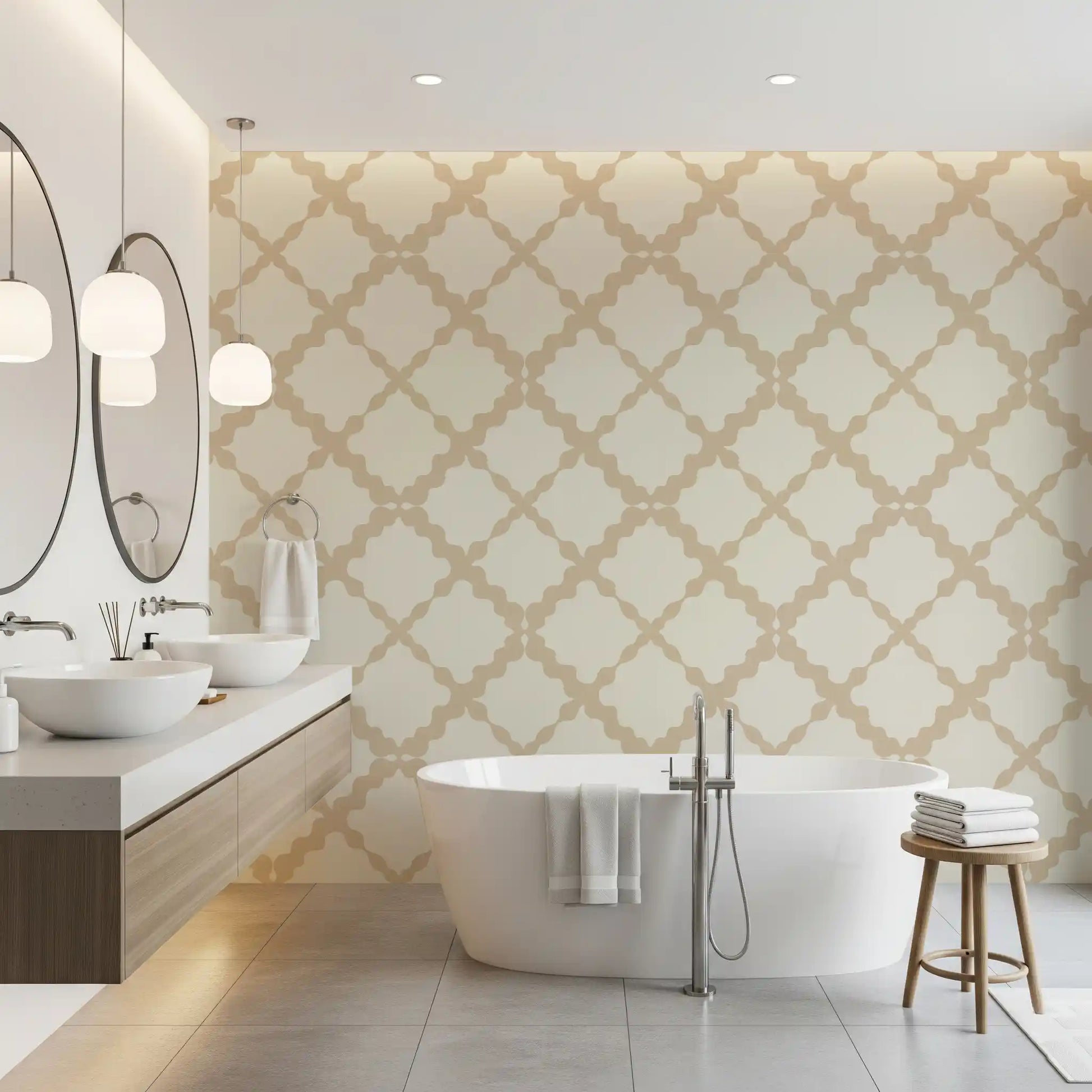Geometric lattice wallpaper with linen-texture surface in beige and cream tones.