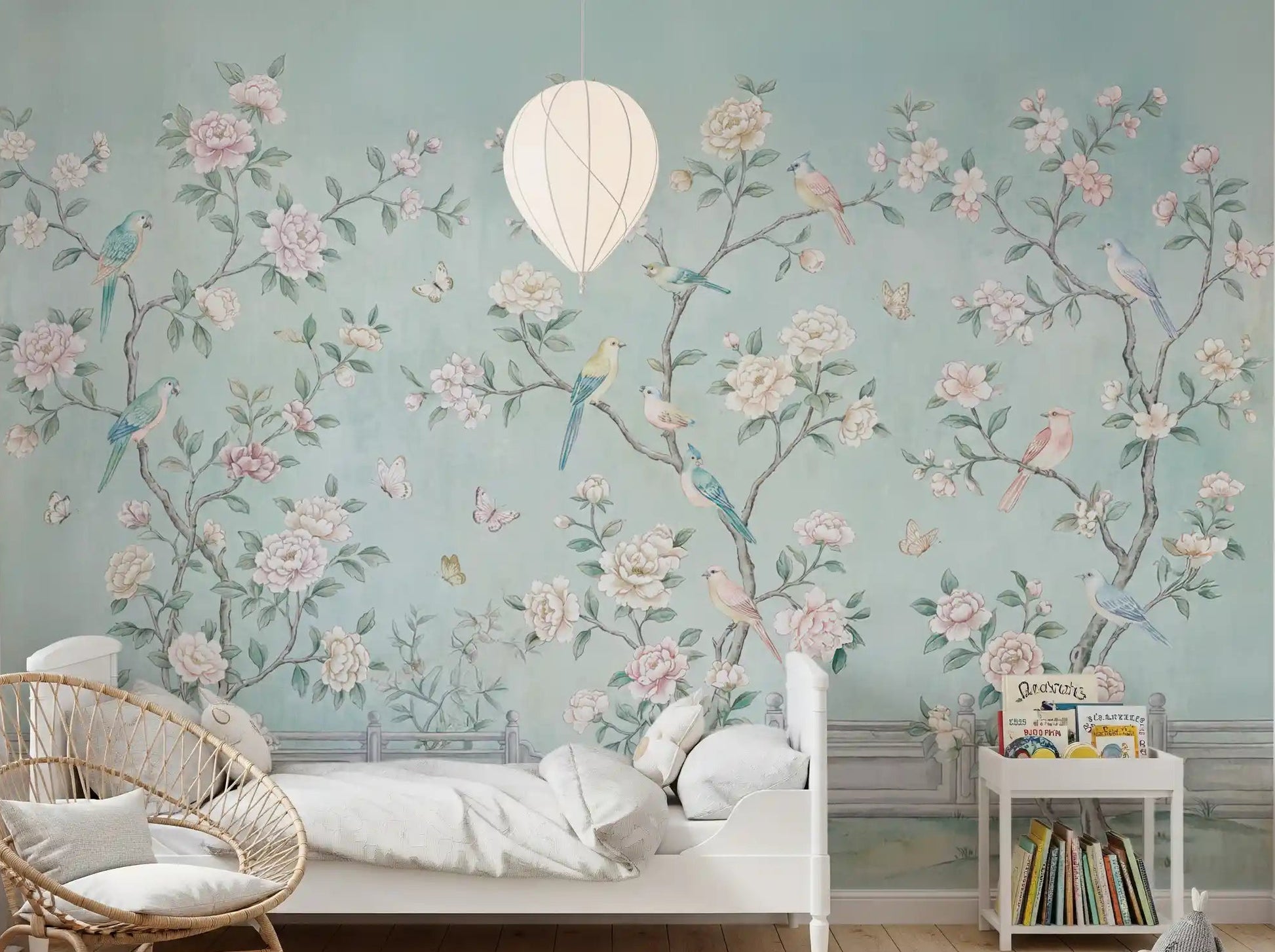 Serene chinoiserie mural on bedroom feature wall with birds and blooming peonies.
