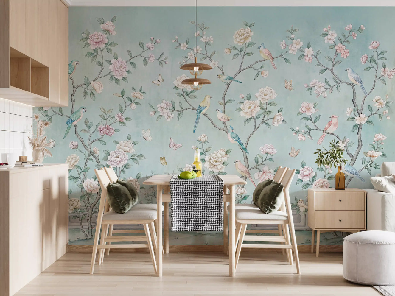 Floral birds wall mural in dining room with soft teal and white blossom motifs.