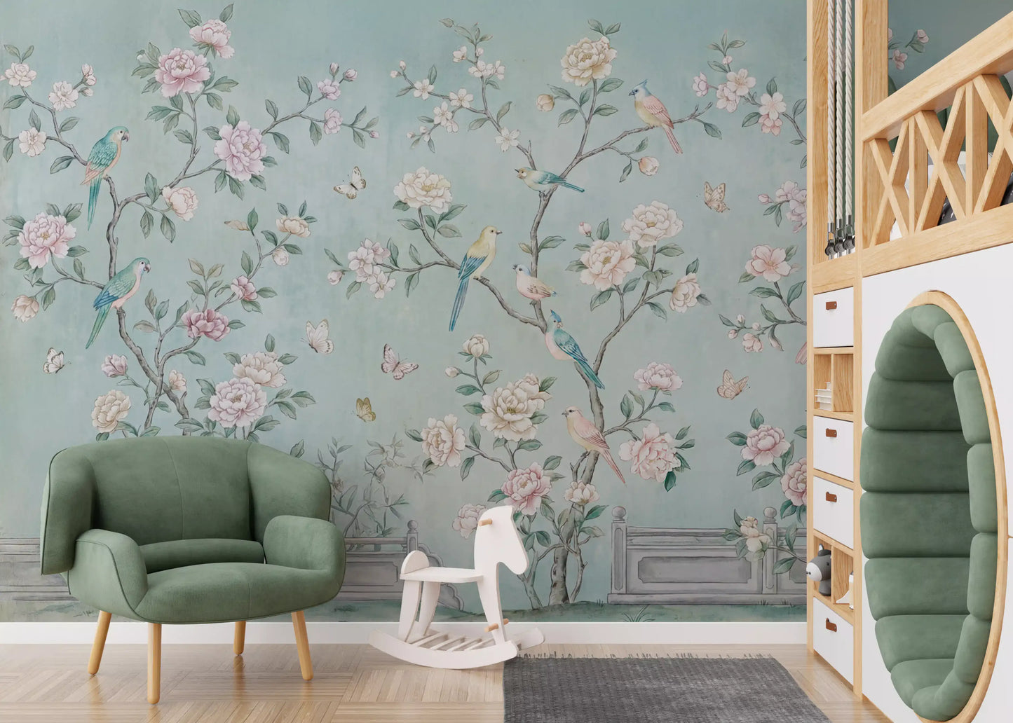 Chinoiserie aviary wall mural in nursery with soft teal and pastel floral tones.