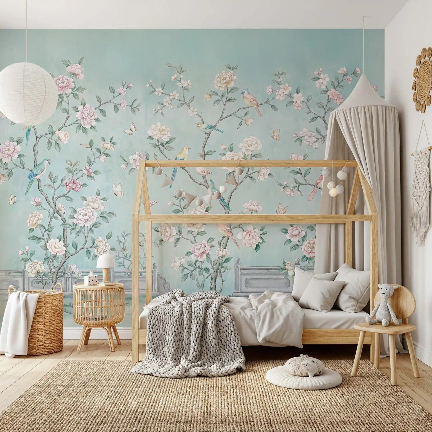Butterflies and colourful birds among pink peonies in chinoiserie wall mural.